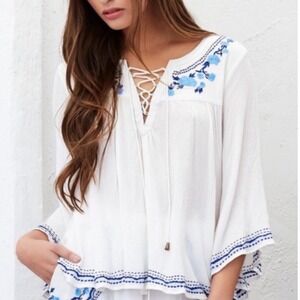 Lovers + Friends Boho Embroidered Peasant Blouse Flowy Lace Up Top S